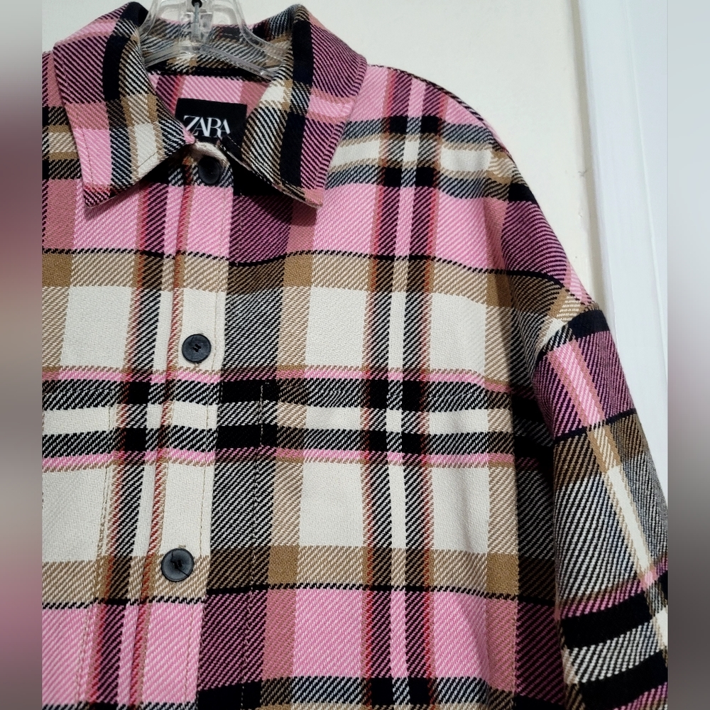 Zara Shacket Womens Size Small Pink Plaid Check Overshirt Oversized Long Sleeve - Picture 7 of 16